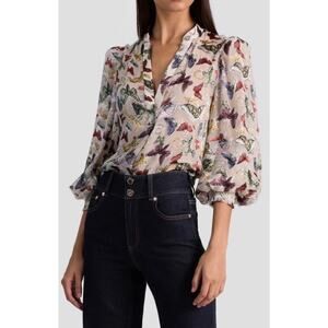 Alice & Olivia Sz S Silk Butterfly Print Blouse Sheer Work Puff Sleeves V Neck